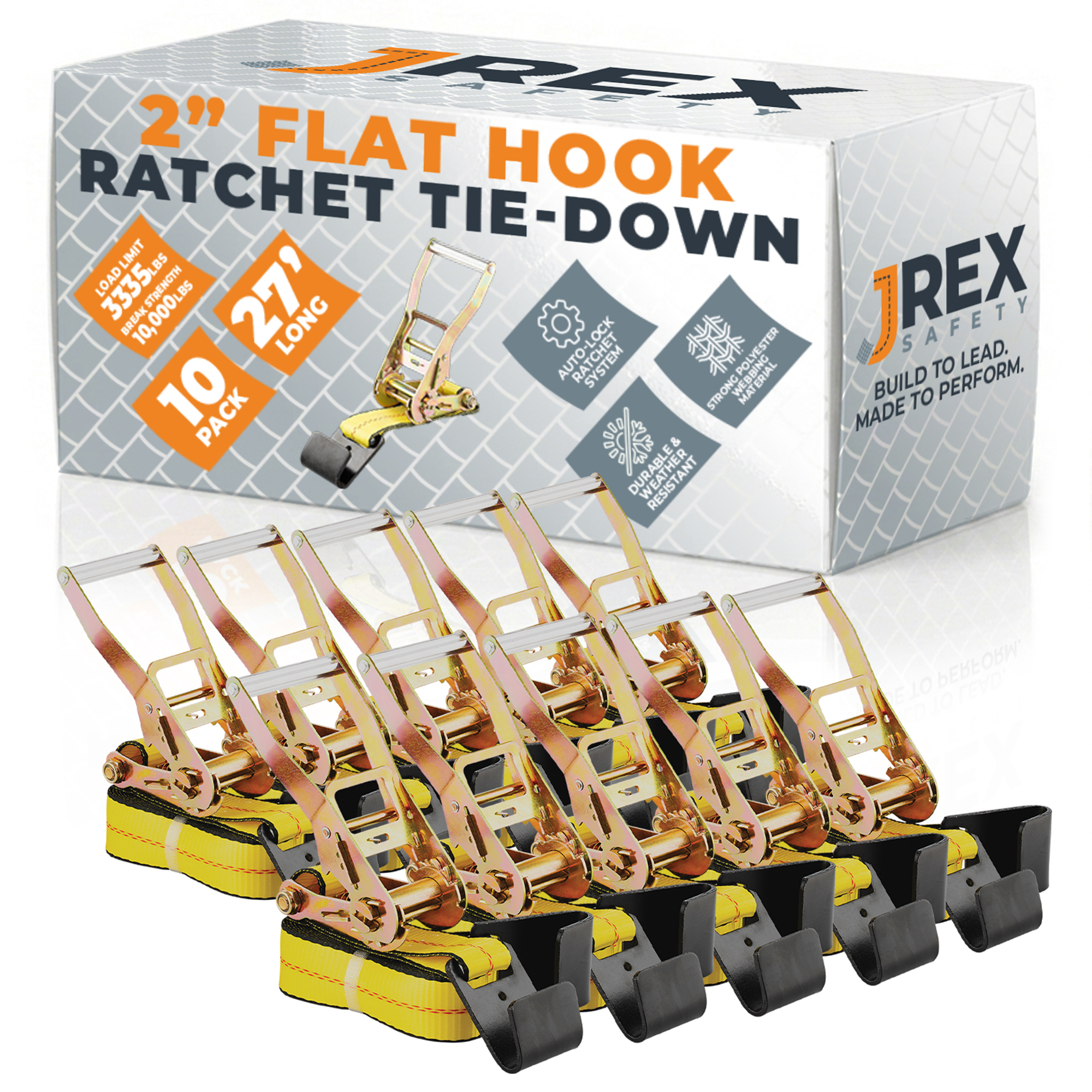 10 Pack HD Ratchet Straps with Flat Hooks - Yellow 2" x 27' Tie Downs
